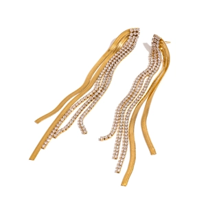 Sparkling gold fringe earrings with stainless steel tassels and zircon embellishments