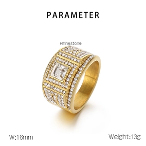 Detailed specs of a 16mm gold men's ring with full rhinestones and a large square stone