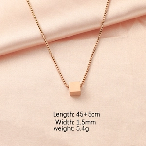 Rose gold square pendant necklace on pink silk with size specs 45+5cm length