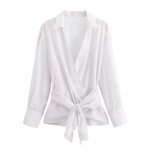 Chemise à manches longues rayée pour femme avec col en V et ceinture nouée à la taille