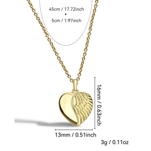 Golden heart wing pendant necklace with feather texture and 45cm chain dimensions