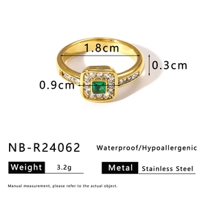 Detailed view of gold plated stainless steel ring with emerald zircon and dimension specs