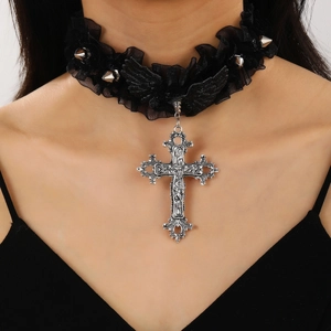 Collana Girocollo Gothic Punk Donna Pendente Croce Teschio Ragno Pugnale in Lega Pizzo Nero Velluto Regolabile Gioielli Halloween
