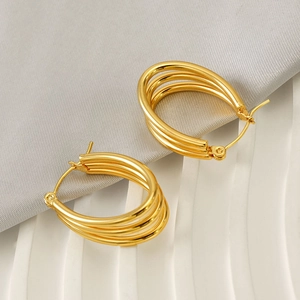Three-layer gold stainless steel hoop earrings with elegant layered minimalist design