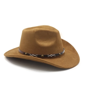 Detail of camel suede cowboy hat featuring leather band with studs and white stitching