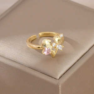 Elegant gold open ring featuring a pink heart crystal and sparkling cubic zirconia