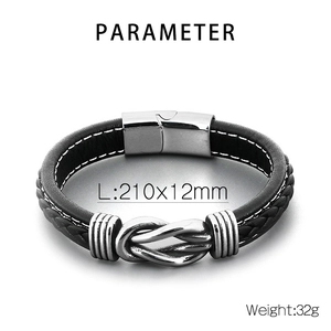 Detail view of multi-layer braided black leather bracelet with magnetic steel clasp