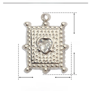 Technical drawing showing 18x13mm stainless steel rectangle pendant with heart zircon detail