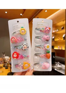 Close-up of 10-piece cute fruit hair clips with colorful sequins and resin charms