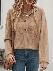 Women's camel waffle knit hoodie with drawstring and three-button neckline detail