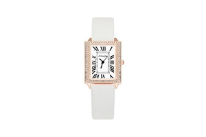 Detailed close-up of square rose gold watch case with crystal bezel and Roman numerals