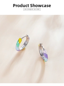 Detailed close-up of S925 sterling silver hoop earrings with vibrant colorful enamel coating