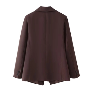 Rear view of slim fit chocolate brown blazer with back seam and buttoned cuffs details