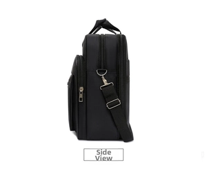 Macro side view of a waterproof oxford laptop bag showing multilayer zipper compartments