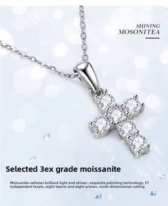 Macro view of cross pendant with 3EX cut Moissanite stones in 925 silver finish