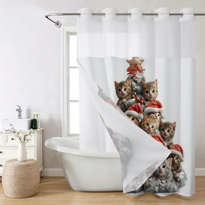 Modern shower curtain with festive Christmas cat tree print and metal grommet detail