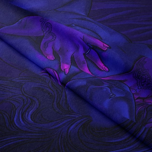 Macro texture of soft mystical wall tapestry with deep blue and purple artistic print