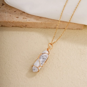 Bohemian wire-wrapped white natural stone pendant necklace on elegant gold chain