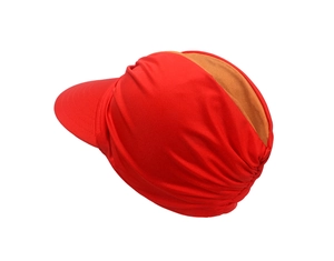 Detail view of red pleated open top sun hat with brown lining and elastic fabric texture