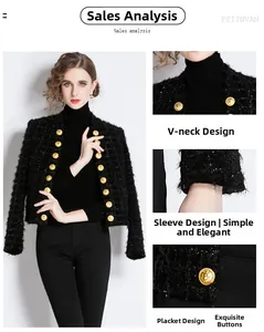 Detail of tweed jacket featuring golden lion head embossed buttons and V-neckline