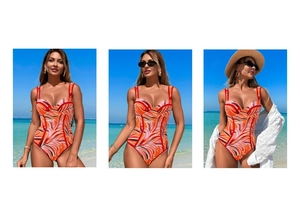 Detail view of heart neckline and tropical leaf print on this slim one-piece swimsuit
