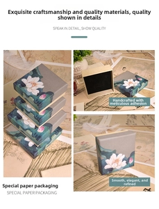 Detail of Chinese style jewelry box featuring vintage lotus painting and special paper texture