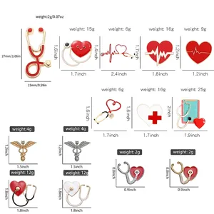Size chart for medical enamel pins showing stethoscope and heart shapes with dimensions