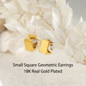 18K gold plated 3D geometric cube hoop earrings with a brushed metallic finish