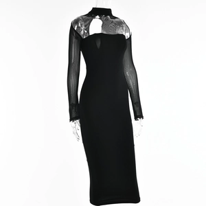 Detail of sexy black bodycon midi dress featuring mesh panels and chest cutout design