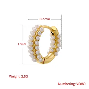 18K gold plated C-shaped hoop earrings with inlaid pearls, 19.5mm diameter size