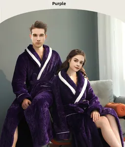 Detail of purple waffle texture flannel bathrobe with soft white fleece trim