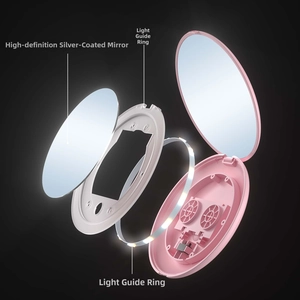 Exploded view of pink LED makeup mirror showing silver-plated glass and light ring