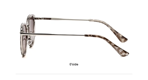 Side view of cat-eye sunglasses with silver metal temples and tortoise shell frames