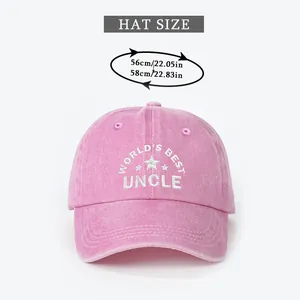 Detailed size guide for washed cotton baseball cap with Uncle embroidery and measurements