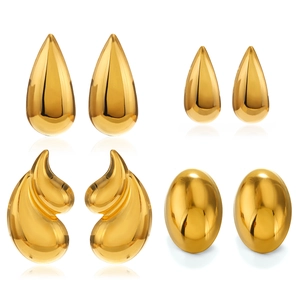 Polished gold stainless steel earring set featuring teardrop and geometric designs