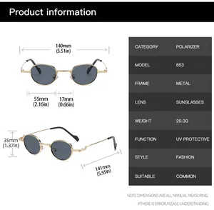 Detailed size measurement chart for 853 round frame metal sunglasses with 140mm width