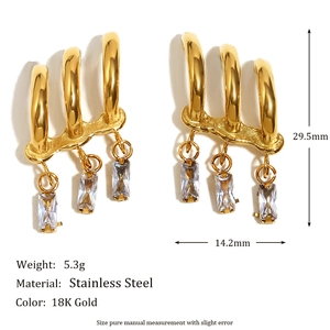 18K gold plated stainless steel geometric earrings with zircon pendants and measurements