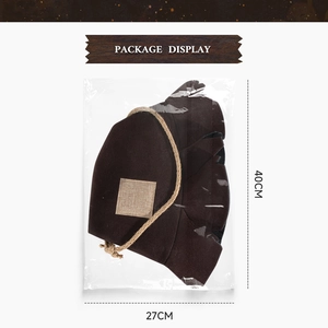 Brown patchwork witch hat in 27cm x 40cm retail packaging with twine detail