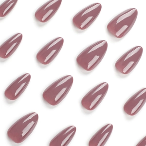 Classic glossy morandi purple almond shaped press-on nails set on white background