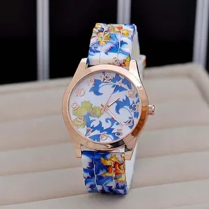 Classic Geneva women's watch with rose gold case and vibrant floral print patterns