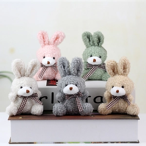 Cute Plush Bunny Keychain Soft Curly Fur Stuffed Animal Rabbit Toy Bag Charm With Checkered Bow For Women Girls Gift