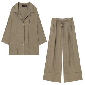 Linen two-piece set featuring long sleeve V-neck shirt and wide leg trousers in khaki