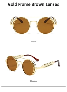 Steampunk round sunglasses with gold metal frame and brown lenses shown in two angles