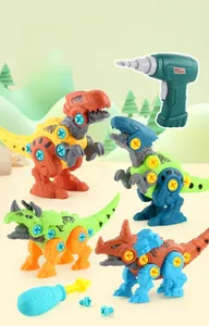 Detail of four colorful DIY take apart dinosaur toys with electric drill and manual screwdriver