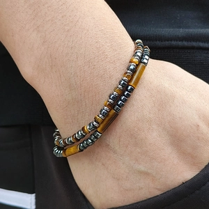 Men's double-row bracelet with tiger eye cylinder beads and hematite stone accents