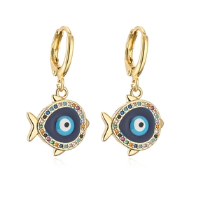 18K vergoldete Fischohrringe mit blauem Evil Eye Zirkon und bunten Strasssteinen