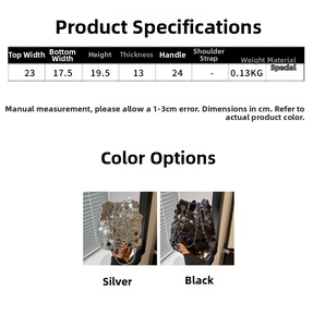 Size chart showing dimensions and silver or black colors for sequin bucket bag