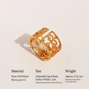 French retro hollow carved wide open ring in gold brass with zircon micro-inlays