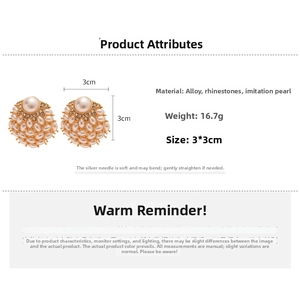 Detailed view of floral pearl earrings with rhinestones and silver pins measurements