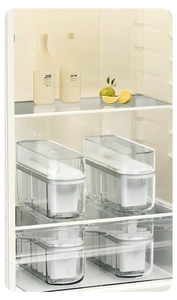 Close-up of white multi-slot popsicle molds with transparent dust-proof lids in fridge